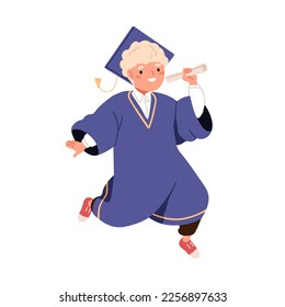 Kid with graduation diploma. School child graduating in gown, cap. Cute little student, genius with academic degree, happy boy jumping. Flat graphic vector illustration isolated on white background