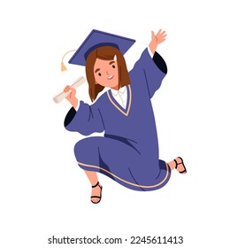 Kid in graduation gown, cap. Cute school girl, student graduating with diploma, jumping from joy. Happy elementary child pupil in bachelor hat. Flat vector illustration isolated on white background