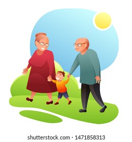 Kid with grandparents flat vector illustration. Smiling elderly couple and little boy cartoon characters. Happy child on outdoor walk with seniors. Grandson, grandmother and grandfather holding hands