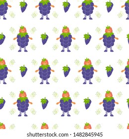 Kid in grape fruit costume flat vector seamless pattern. Childish violet clothing for kindergarten performance, show, carnival color background. Children textile, wrapping paper design idea