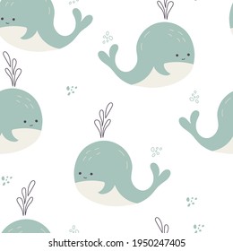 Kid graphic in doodle style with little whale, vector seamless pattern for kids shirt print, wear, baby room and greeting card. Hand drawn nursery and modern poster design.