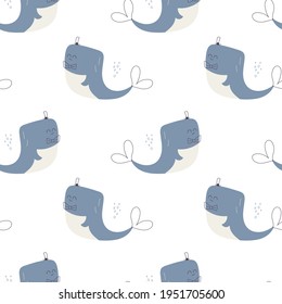 Kid graphic in doodle style with little whale, vector seamless pattern for kids shirt print, wear, baby room and greeting card. Hand drawn nursery and modern poster design.