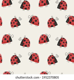 Kid graphic in doodle style with little ladybug, vector seamless pattern for kids shirt print, wear, baby room and greeting card. Hand drawn nursery and modern poster design.