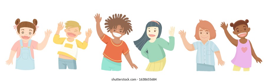 Kid Greet Or Say Hello With Hand,Cheerful Elementary School Students,Kids Say Hi To Childhood. Simple Flat Vector