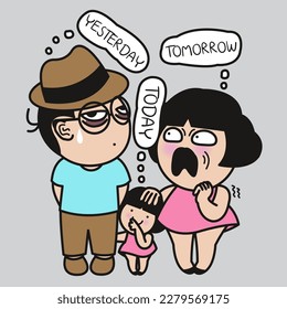 Kid Growing Up With A Parent With Anxiety Disorder. Parental Anxiety Concept Card Character illustration