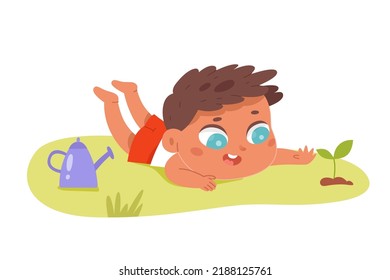 Kid growing plant in summer garden vector illustration. Cartoon isolated cute baby boy lying on green grass to watch seedling grow in soil, happy small farmer planting flower on village field