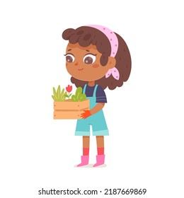 Kid Growing Red Flower In Wooden Box For Home Garden Decor Vector Illustration. Cartoon Isolated Little Girl In Gloves And Boots Holding Crate With Plant Inside, Young Gardener Working Outdoor