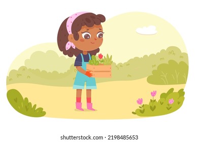 Kid Growing Red Flower In Wooden Box For Home Garden Decor Vector Illustration. Cartoon Isolated Little Girl In Gloves And Boots Holding Crate With Plant Inside, Young Gardener Working Outdoor