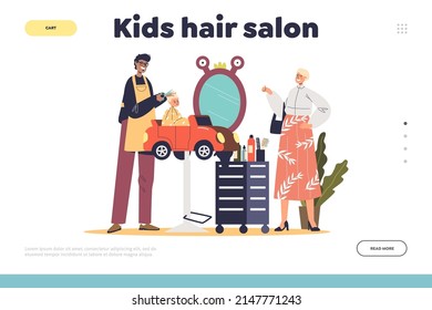 Kid hair salon concept of landing page with barber cutting hair of baby girl sit in toy car chair in hairdresser barbershop. Hairdresser making hairdo for child. Cartoon flat vector illustration