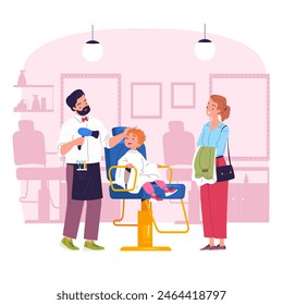 Ein kleiner Friseur. Kinderfriseur geschnitten Haar Junge Stilvolle Haarschnitt im Kinder Friseursalon, Cartoon kleine Kinder Friseurberuf Vektorillustration von Babyhaarschnitt, Friseursalon Illustration