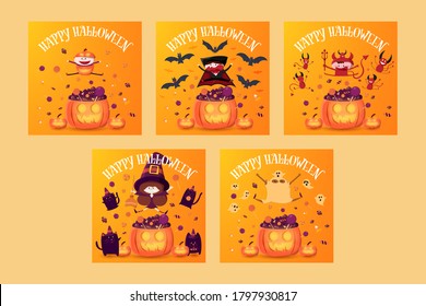 Kid in Halloween costume with Jack-o-lantern head full of candy vector illustration set.