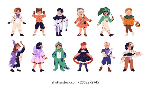 Kid in Halloween costumes set. Happy children dressed in lamb, fairy, wizard, pumpkin, animals on masquerade, childish carnival, cute boys, girls. Flat isolated vector illustration on white background