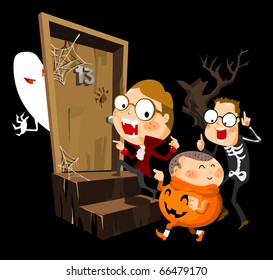 Kid in Halloween Party with Costume. Vector Illustration