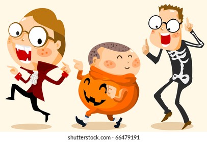Kid in Halloween Party with Costume. Vector Illustration