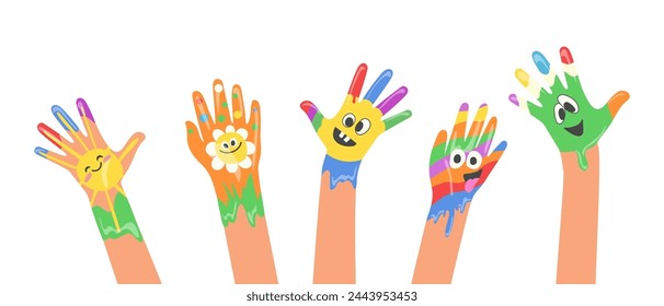 Kid Hand mit bunten lustigen Gesichtern Emoticon, Blumen-Emoji und Sonne-Smiley, Willkommensgeste