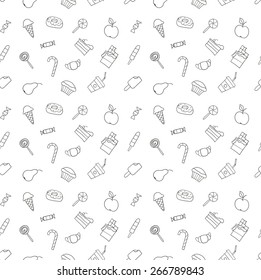 Kid Hand Drawing Tasty Food Collection. Line Sketch Pattern Of Child Vector Doodles Set: Muffin, Cake, Pie, Donut, Croissant, Confection, Candy, Lollipop, Ice Cream, Chocolate, Apple, Pear, Drink