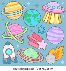 Kid hand drawn cute colorful planet and galaxy system