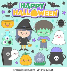 Elementos de halloween felices lindos y coloridos dibujados a mano para niños