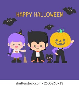 Tarjeta de invitación de personajes de halloween lindos dibujados a mano para niños