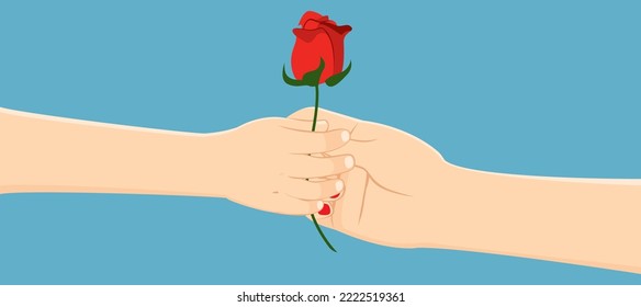 Kid hand giving red rose to mom. Mother day love concept