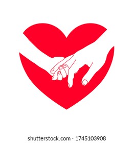 Kid hand is gentel​y holding father or mother finger with love and happy in the red heart shape. Family stay together. Holiday spending time. love and give concept.