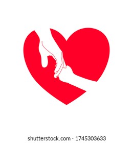 Kid hand is gentel​y holding father or mother finger with love and happy in the red heart shape. Family stay together. Holiday spending time. love and give concept.