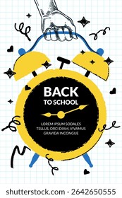 Kid hand holding holding yellow alarm clock. Vector hand drawn sketch simple style modern illustration. Back to school banner or poster design elements. Education concept