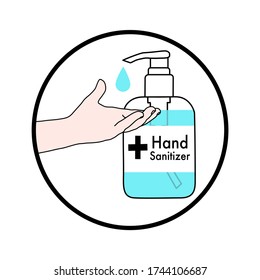 Kid hand with hand sanitizer pump bottle and drop in the outline circle. Disease prevention method. Avoid germs infection. Disinfectant product. medical advertisement. Stop spreading contagious.