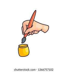 Kid hand use pencil to take paint from yellow jar