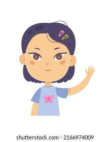 Kid with hand up vector illustration. Cartoon cute girl waving for friends, standing and giving 5, little student of primary school raising arm, answering for teacher isolated on white.