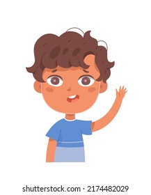 Kid with hand up vector illustration. Cartoon cute boy waving for friends, standing and giving 5, little student of primary school raising arm, answering for teacher isolated on white.