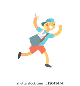 Kid With Handbag Running Delivering Newspapers