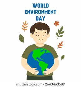 Kid hands holding Earth globe. Earth Day, World Environment Day concept. Sustainable ecology and environment conservation concept design. Vector illustration.