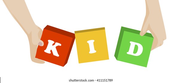 Kid hands playing with toy blocks with letters on them. Top view. Vector illustration.