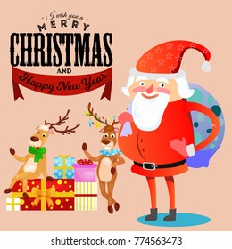 kid in hands of Santa Claus makes wish, man in red suit and beard with bag of gifts behind him climbs into chimney, sleigh reindeer harness drive Christmas mood, merry snowman vector illustration