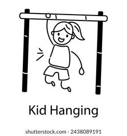 Kid hanging from monkey bars, doodle style icon 