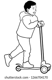The kid happily ride on the scooter kicking the road to move.