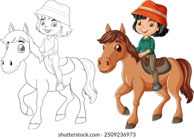 Kid happily riding a brown horse