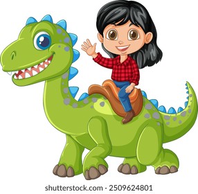 Kid happily riding a green dinosaur