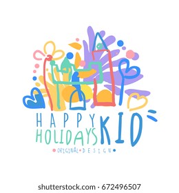 Kid Happy Holidays logo original design colorful hand drawn vector Illustration