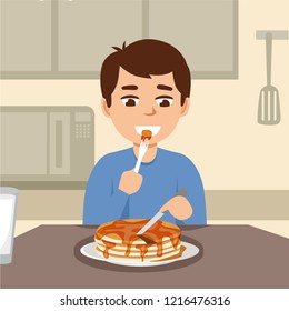 kid happy with pancake.vector and illustration. breakfast