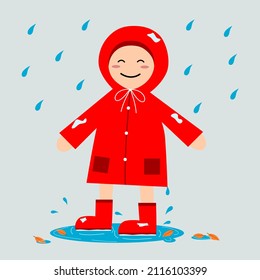 kid happy smile wearing red raincoat and boots walking in puddle water rain flat vector design.