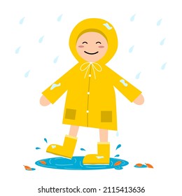 kid happy smile wearing yellow raincoat and boots walking in puddle water rain flat vector design.