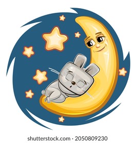 Kid Hare sleeps on the moon. Dreaming a dream. Childrens illustration. Funny Night sky. The baby animal fell asleep. Cartoon style picture. Isolated on white background. Vector.