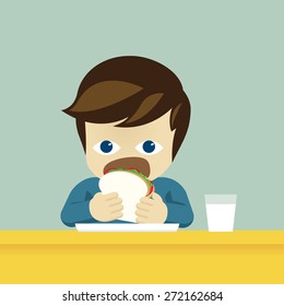 kid has a breakfast, sandwich and milk, illustration vector