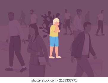 Kid Has Panic Attack In Crowd Flat Color Vector Illustration. Anxiety Disorder. Mental Health. Boy Experiences Fear And Stress 2D Simple Cartoon Characters With Strangers On Background