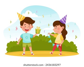 Kid in Hat and Gift Box Enjoy Party Celebration Vector Illustration