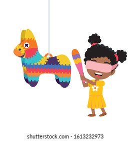 Kid have fun on their birthday. Little girl is going to break the pinata. Children's illustration for your design. Funny cartoon character. Birthday Party design.