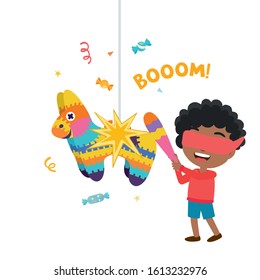 Kid have fun on their birthday. Little boy is going to break the pinata. Children's illustration for your design. Funny cartoon character. Birthday Party design.