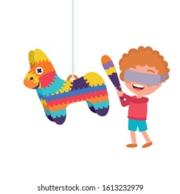 Kid Have Fun On Their Birthday. Little Boy Is Going To Break The Pinata. Children's Illustration For Your Design. Funny Cartoon Character. Birthday Party Design.